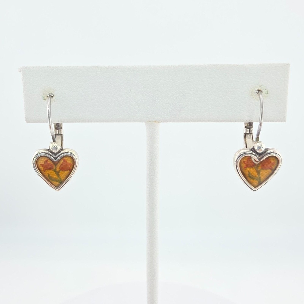 BRIGHTON 'Piccadily' Heart Earrings Red Tulip Enamel Dangle Drop Silver Plate